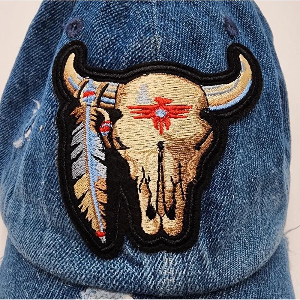 KB ETHOS VINTAGE DENIM DISTRESSED TRUCKER BASEBALL HAT CAP BULL SKULL PATCH